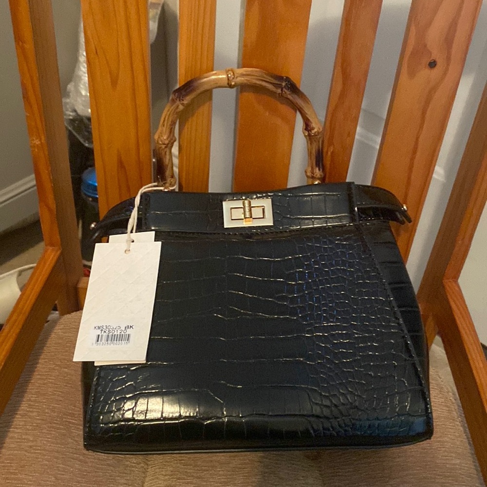 Kayla & Ava imitation croc leather purse with wooden handle